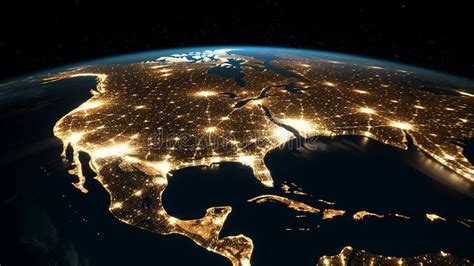 Earth At Night View Of City Lights Showing Human Activity In America