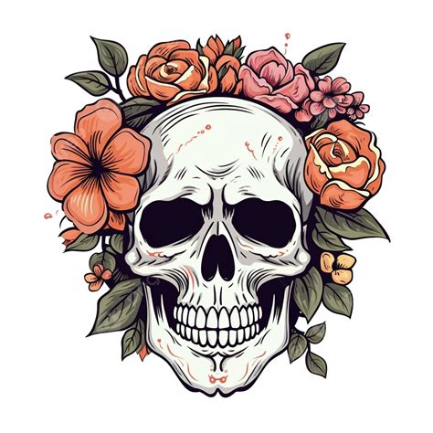 Skull With Flowers Cartoon Vector Illustration Skeleton Element For