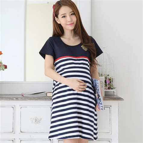 Female Royal Korean Breastfeeding Dress Springsummer Dresses For Pregnant Women Stripes Cotton