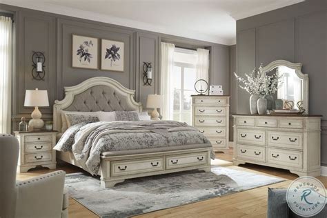 Baylesford Antique White And Gray Upholstered Panel Bedroom Set Queen Upholstered Bed Bedroom