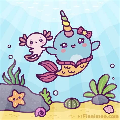 Little Narwhal Mermaid With Cute Axolotl Friend Video Cute Drawings