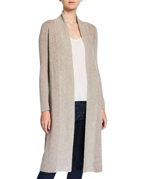 Neiman Marcus Cashmere Collection Sequined Open Front Duster Cardigan