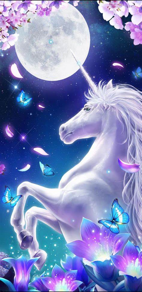 A White Unicorn Is Flying In The Night Sky With Butterflies And Flowers