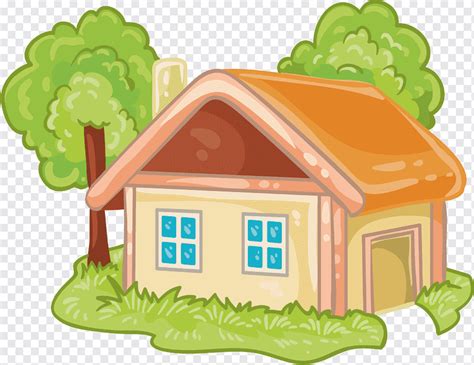 Orange And Green House And Trees House Cartoon Log Cabin Cartoon