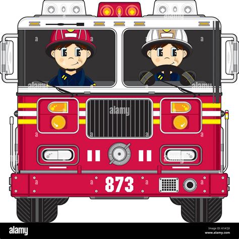 Cute Cartoon Fireman Firefighter Fire Truck Vector Illustration Stock