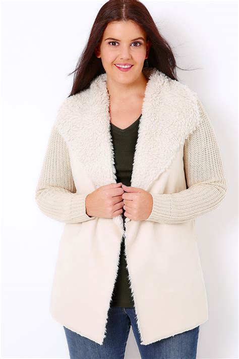 Shop for fur collar cardigan online at target. Cream Chunky Knit Cardigan With Shearling Collar Plus Size ...