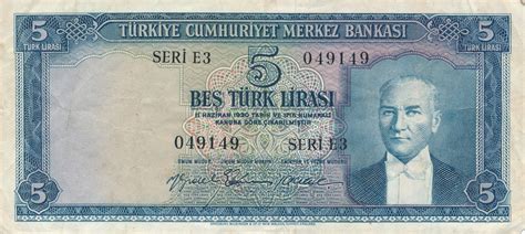 T Rkei Lira Banknote Bes T Rk Lirasi T Rkiye Cumhuriyeti