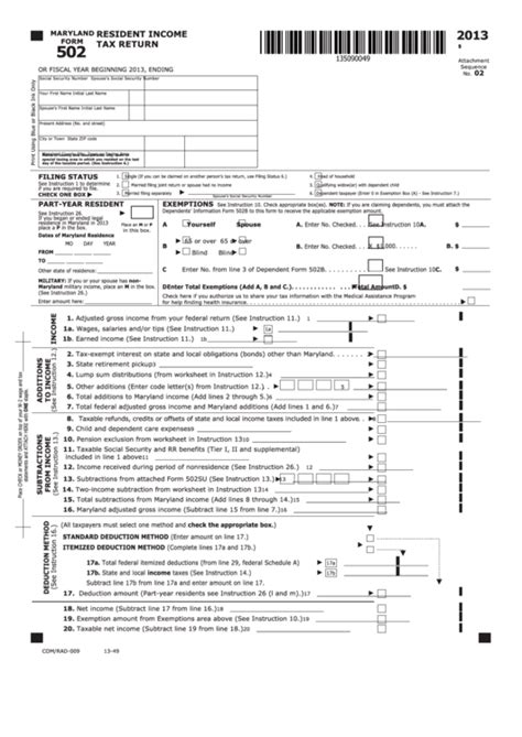 Fillable Maryland Form 502 Resident Income Tax Return 2013