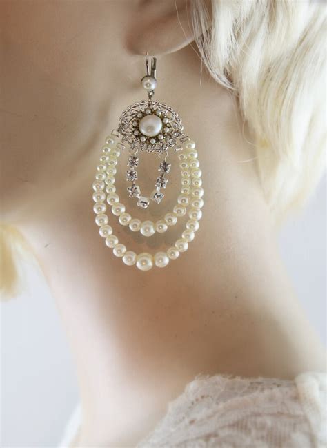 Bridal Pearl Chandelier Earrings Silver Rhinestone Wedding Etsy