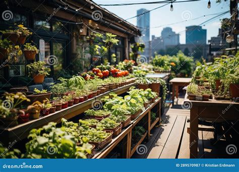 Urban Oasis: Rooftop Garden Amidst City Hustle Stock Illustration
