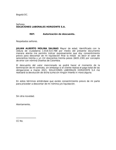 Autorización De Descuento Bogotá Dc Señores Soluciones Laborales