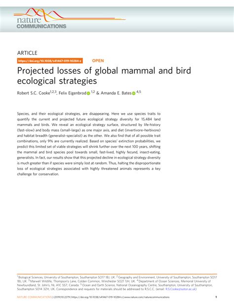 Pdf Projected Losses Of Global Mammal And Bird Ecological Strategies