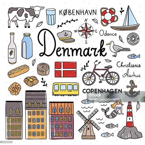 Symboles Du Danemark Et Des Icônes Mignonnes Illustrations Danemark