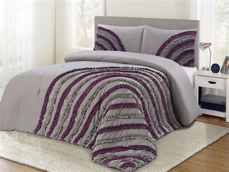 3 Piece Graypurple Queen Comforter Set With Handcrafted Ruffle Fan