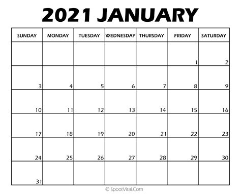 Printable Calendar January 2021 January 2021 Calendar Printable