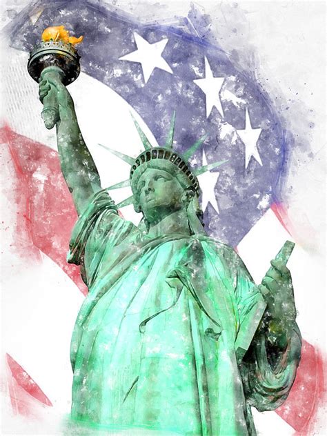 Statue Of Liberty Closeup With Flag Watercolor Digital Art By