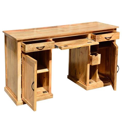 Solid Mango Wood Home Office Computer Desk With Drawers And Cabinets