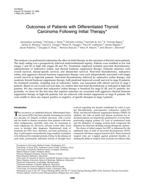 Pdf Outcomes Of Patients With Differentiated Thyroid Carcinoma