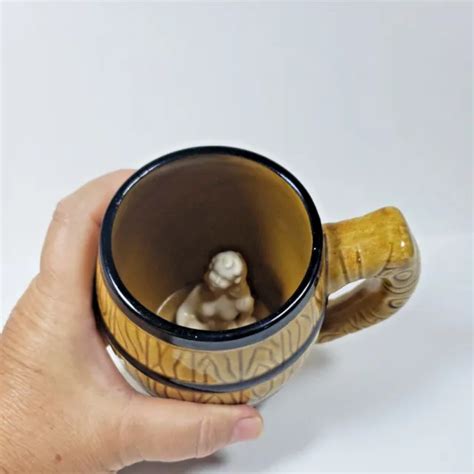Vintage Ceramic Brown Barrel Mug With Nude Naked Woman Lady Inside X