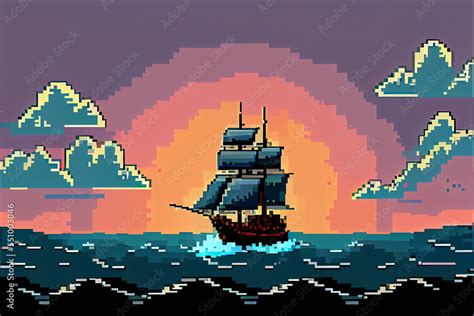 8 Bit Pixel Art Of A Pirate Ship On The Open Seas 素材庫插圖 Adobe Stock