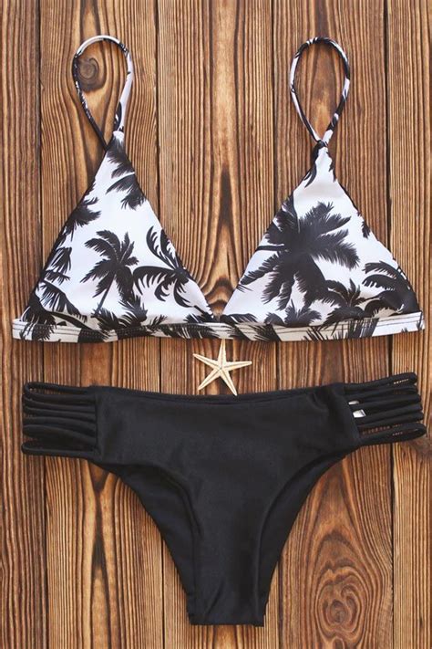 Black Palm Tree Print Spaghetti Straps Bikini Swimsuit Bikinis Bikini Swimsuits Black Bikini