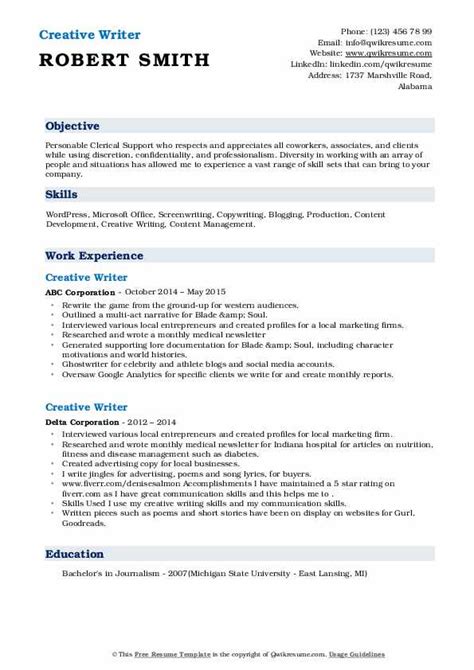 Creative Writer Resume Samples Qwikresume