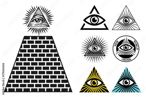 All Seeing Eye Icons Set Pyramid Illuminati Symbol Stock Vector