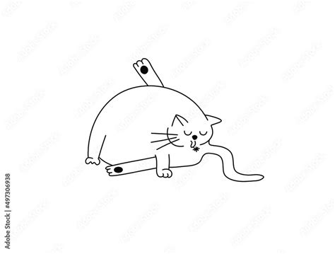 Vector Isolated Cute Cartoon Funny Fat Cat Licking His Ass Colorless Black And White Contour