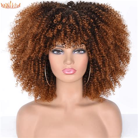 Short Afro Kinky Curly Wigs With Bangs For Black Women Blonde Mixed