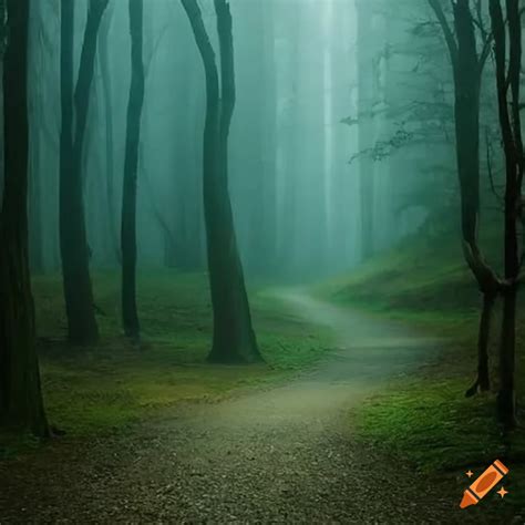 Mysterious Trail In The Misty Woods On Craiyon