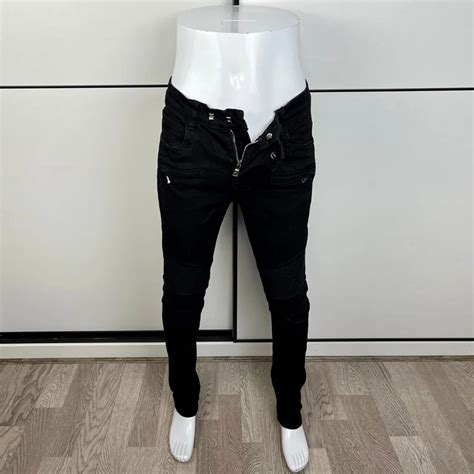 Streetwear Fashion Men Jeans Black Elastic Slim Fit Spliced Biker Jeans Men Wrinkle Patched