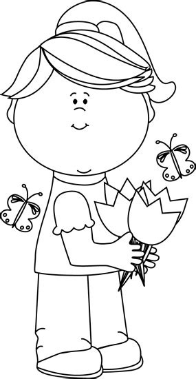 Black and White Girl with Spring Tulips Clip Art - Black and White Girl with Spring Tulips Image