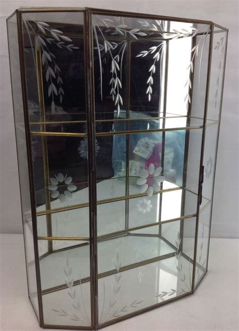 Vintage Brass Etched Glass Mirrored Curio Cabinet Wall Hang Display Case Shelf Ebay Glass