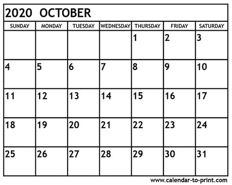 20 October 2020 Calendar Free Download Printable Calendar Templates ️