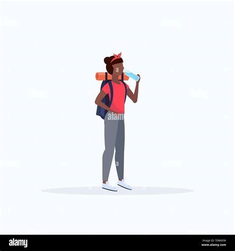 Woman Hiker With Backpack Drinking Water African American Girl Traveler