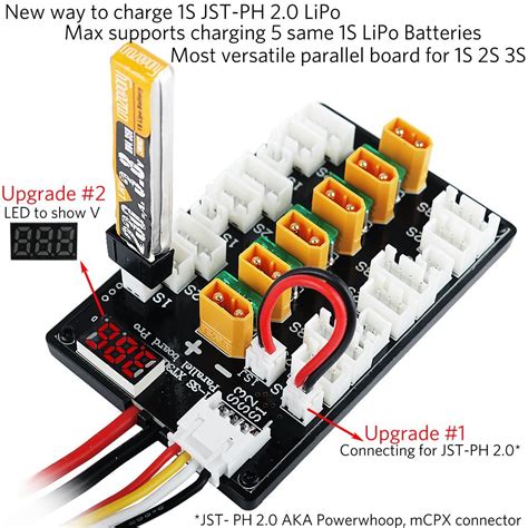 All lipo batteries that are being charged in parallel must have the main power plug plugged in to the parallel charging adapter. XT30 Plug 1S-3S Lipo Battery Upgrade Version Parallel ...