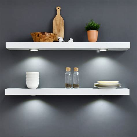 White Floating Shelf With Touch Sensing Battery Powered Led Light Wall