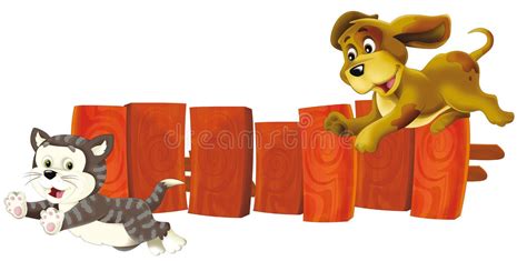Cartoon Dog Chasing Cat Over The Fence Friends Illustration Stock