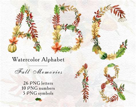 Watercolor Autumn Alphabet Fall Pumpkin And Leaves Uppercase Etsy
