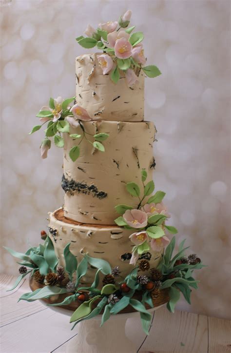 White Birch Rustic Cake W Gumpaste Leaves And Flowers Tree Cakes