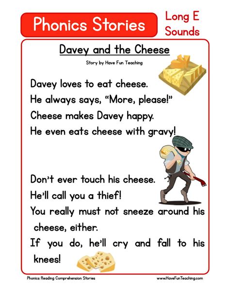Davey And The Cheese Phonics Reading Comprehension Story Worksheet