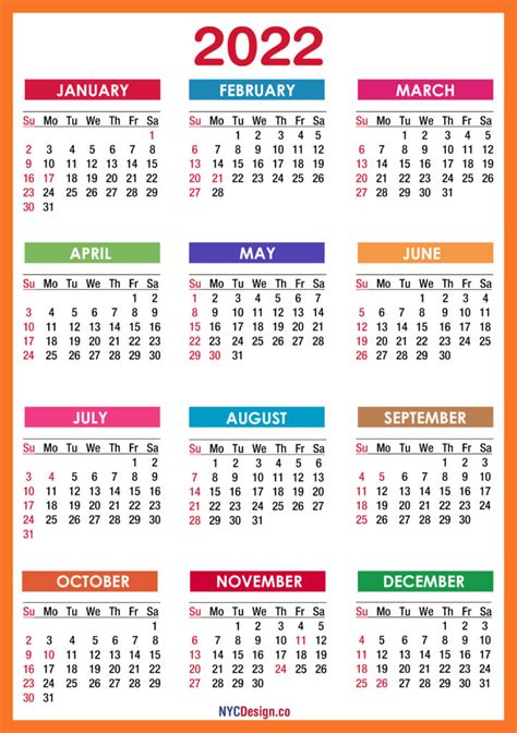 2022 Calendar With Holidays Printable Free Pdf Colorful Sunday