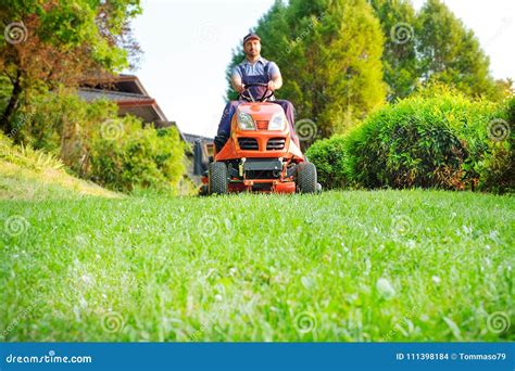 Gardener Driving A Riding Lawn Mower In Garden Stock Photo Image Of