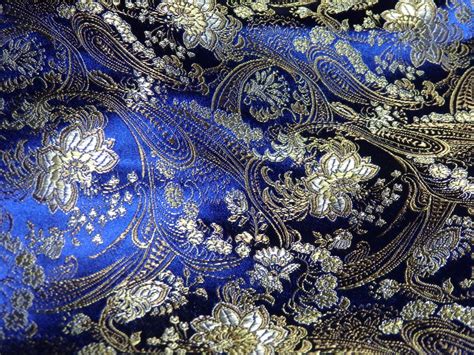 Chinese Brocade Fabric In Midnight Blue With A Floral Pattern In Gold