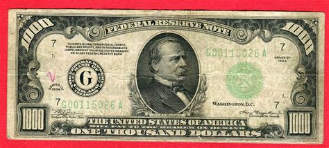 1000 Dollar 1934 Usa Federal Reserve Bank Note One Thousand Dollars