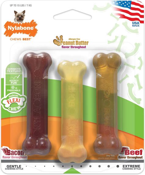 Nylabone Flexichew Triple Pack Bacon Peanut Butter And Beef Flavored Dog