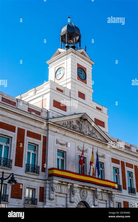 Puerta Del Sol Square In Central Madrid Clock Tower Of The Royal House Of The Post Office Stock