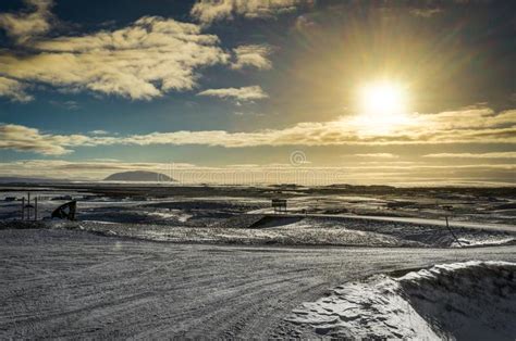 Iceland Christmas Landscape Mountains Sunlight Water Frozen Refl Stock