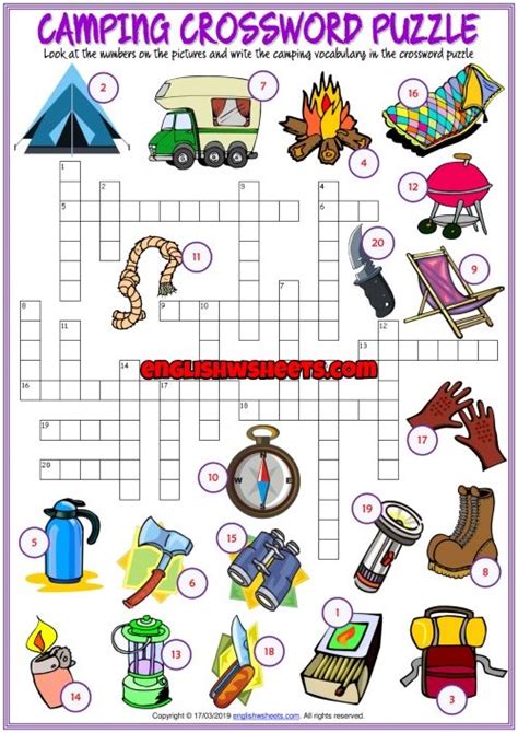 Camping Esl Printable Crossword Puzzle Worksheet For Kids Camping