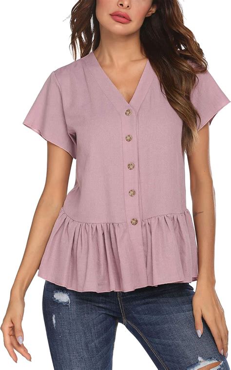 Elesol Womens Short Sleeve V Neck Peplum Blouse Casual Ruffle Shirts With Button Down Summer